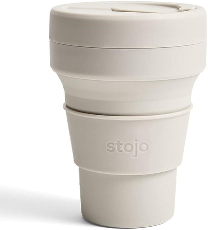 STOJO Collapsible Travel Cup - Reusable To-Go Pocket Size Silicone Bottle for Hot and Cold Drinks - Perfect for Camping - Microwave & Dishwasher Safe (Oat, 12 Ounce (Pack of 1) - No Straw)