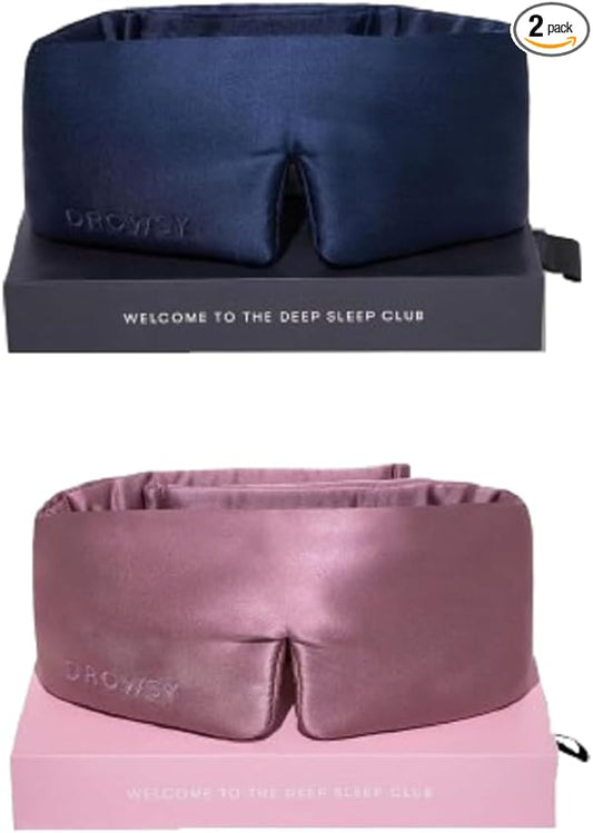 DROWSY Silk Sleep Mask Set - Face-Hugging, Padded Silk Cocoon for Luxury Sleep in Total Darkness - Eye Masks for Sleeping & Travel, 100% Pure Mulberry Silk, Adjustable - Blue & Rose (Set of 2)