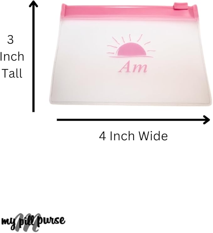 Pink Day and Night Pill Wallet w/Zipper, PU Leather Pill Case 5.5 X 4 x1.75 Inch, Includes14 AM PM Pill Organizer 7 Day Small Pill Bags of 3x4 Inch, Pill Pouches for Medicine or Supplements