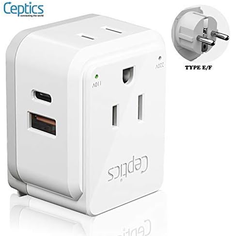 Ceptics Germany, Korea Travel Plug Adapter Set, 20W PD & QC, Safe Dual USB & USB-C - 2 USA Socket - Use in Schuko, France, Russia, Netherlands - Includes Type E/F SWadAPt Attachments