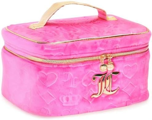 Juicy Couture Hot Pink Makeup Bag Cosmetics Organizer Travel Essentials Train Case Velour Heart Crown