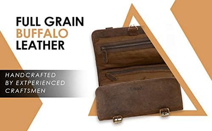 KomalC Premium Buffalo Leather Hanging Toiletry Bag Travel Dopp Kit