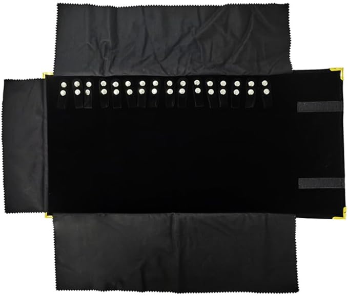 Premium Jewelry Roll Organizer for 16 Necklaces 55cm x 29cm Metal Snap & Velcro Closure - Ideal for Travel and Storage (Black with golden corner)