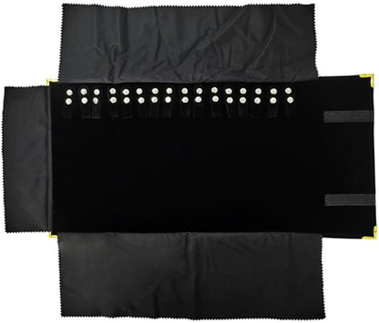 Premium Jewelry Roll Organizer for 16 Necklaces 55cm x 29cm Metal Snap & Velcro Closure - Ideal for Travel and Storage (Black with golden corner)