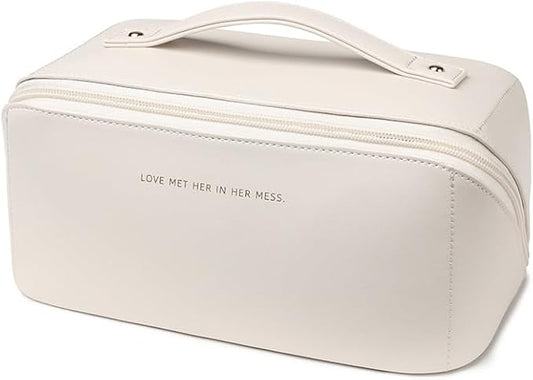 Travel Makeup Bag, Large Capacity Cosmetic Organizer Bags for Women, Waterproof PU Leather Toiletry Bags, Wide Open Flat Makeup Case with Divider and Handle