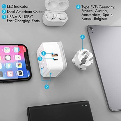 Ceptics Germany, Korea Travel Plug Adapter Set, 20W PD & QC, Safe Dual USB & USB-C - 2 USA Socket - Use in Schuko, France, Russia, Netherlands - Includes Type E/F SWadAPt Attachments