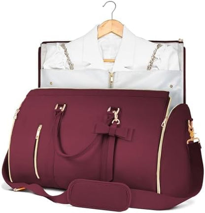 Garment Bags for Travel, Convertible Suit Travel Bag for Women, Stylish Carry On Garment Bag with Toiletry Pocket, Shoulder Strap and Shoes Compartment, 2 in 1 Foldable PU Leather Duffle Bag, Sangria