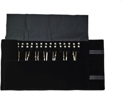 Velet Travel Jewelry Case Roll Bag Organizer for Necklace Bracelet Black Gray Velvet (Black with elastic)