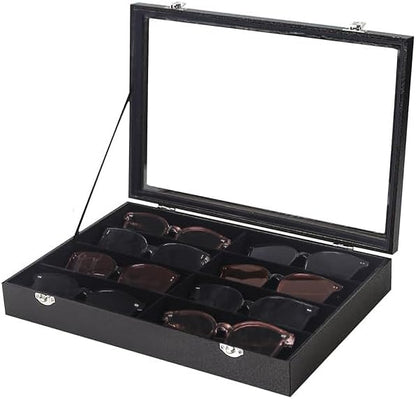 Coward Sunglass Organizer Tray Box, Black Velvet Grids Eyeglasses Display Tray Case with Transparent Glass Lid for Home Use or Store Shop Selling Show