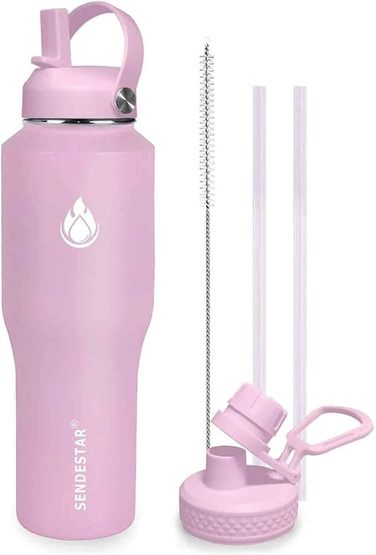 SENDESTAR 32oz Water Bottle Wide Mouth Stainless Steel Vacuum Insulated Double Wall with Straw Lids Fit in Any Car Cup Holder,Peach