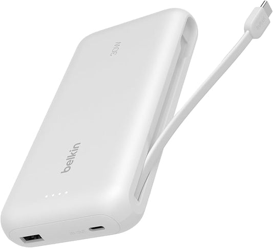 Belkin Portable Charger, Power Bank with Integrated Cable 20000 mAh 30W - Fast Charging USB C Power Delivery - iPhone 17, Air, Pro, Pro Max, iPad, AirPods, Apple Watch, Galaxy S25, & More - White