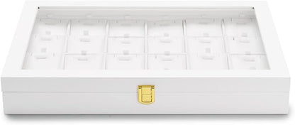 Oirlv White Leather Jewelry Organizer Tray with Acrylic Lid Drawer Insert Jewelry Storage Box with 24 Removable Jewelry Cards Pendant Necklace Display Case Women Gift