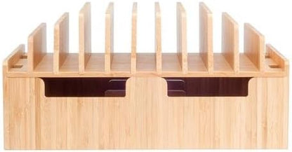 MobileVision Bamboo 10-Port Charging Station & Docking Organizer for Smartphones & Tablets, Family-Sized, for use in Corporate Offices & Classrooms