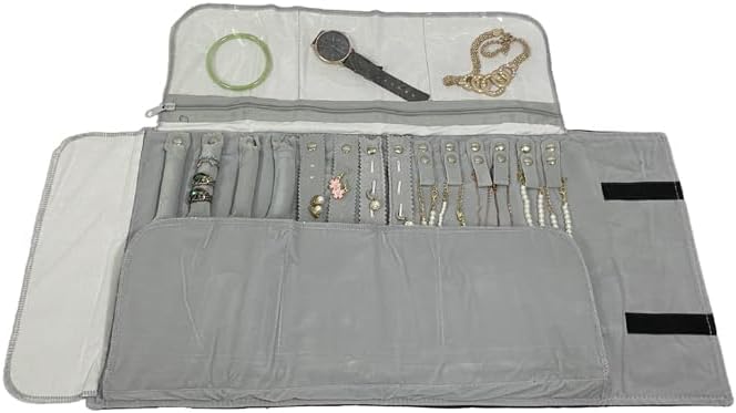 Velvet Travel Jewelry Case Roll Bag Organizer for Necklace Bracelet Earrings Ring (Black) (grey and black)