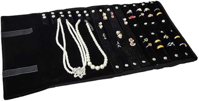Velvet Travel Jewelry Case Roll Bag Organizer for Necklace Bracelet Earrings Ring (Black) (Black set)