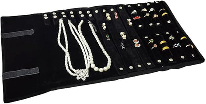 Velvet Travel Jewelry Case Roll Bag Organizer for Necklace Bracelet Earrings Ring (Black) (Black set)