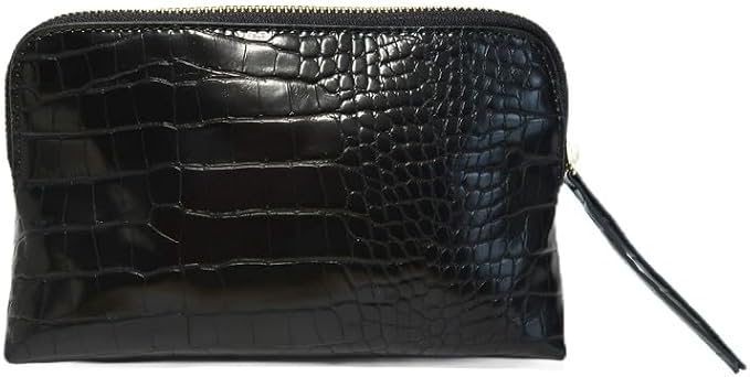 Noir Onyx Crocodile Cosmetic Bag - Luxury Vegan Leather Makeup Bag, Black Crocodile Texture Organizer, Beauty Bag for Travel, Skincare & Makeup Storage