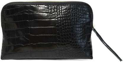 Noir Onyx Crocodile Cosmetic Bag - Luxury Vegan Leather Makeup Bag, Black Crocodile Texture Organizer, Beauty Bag for Travel, Skincare & Makeup Storage