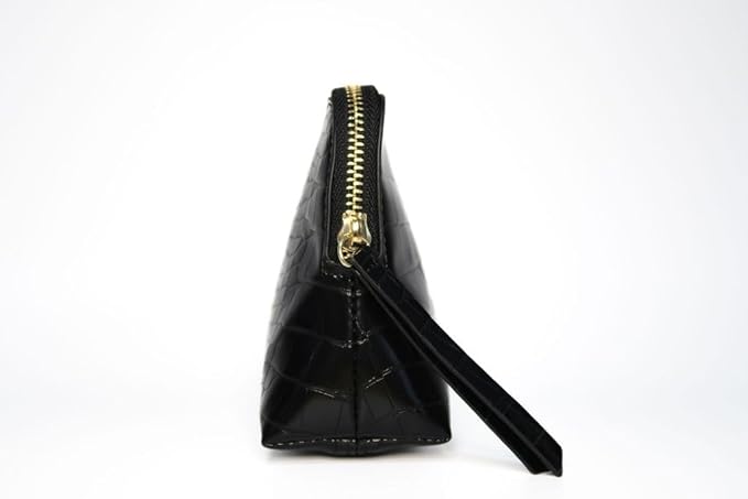 Noir Onyx Crocodile Cosmetic Bag - Luxury Vegan Leather Makeup Bag, Black Crocodile Texture Organizer, Beauty Bag for Travel, Skincare & Makeup Storage