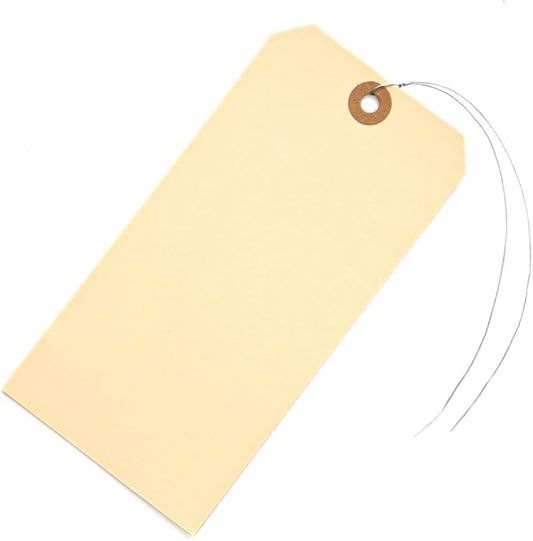 100 Large Manila Paper Tags with Wire Attached – # 8, 6 1/4" x 3 1/8" – Manilla Shipping Tags with Reinforced Eyelet and Metal Wire, Labels with Ties