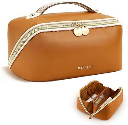 Prite Makeup Bag for Women Travel Waterproof Vegan Leather Cosmetic Bag Open Flat Toiletry Bag With Clear Divider and Handle