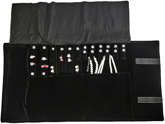 Velvet Travel Jewelry Case Roll Bag Organizer for Necklace Bracelet Earrings Ring (Black) (Black set)