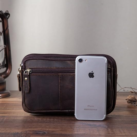 Compact Genuine Leather Waist Pack for Men Phone Fanny Pack Small Chest Messenger Bag with Adjustable Belt Gifts for Men (Coffee)