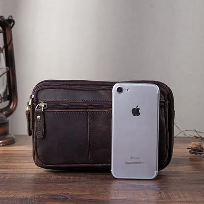 Compact Genuine Leather Waist Pack for Men Phone Fanny Pack Small Chest Messenger Bag with Adjustable Belt Gifts for Men (Coffee)