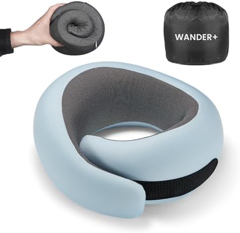 WANDER PLUS® Travel Pillow, 100% Pure Memory Foam Travel Neck Pillow Airplane Neck Support Ergonomic Design Best for Sleeping Plane Car Train Office Flight for Adults Sky Blue