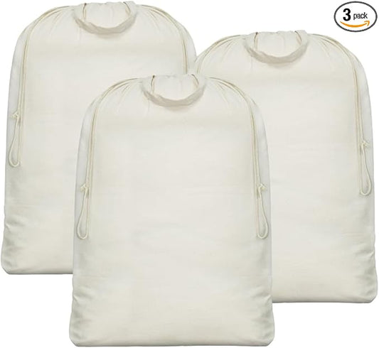 3pcs Breathable Cotton Canvas Laundry Drawstring Bags with Carrying Handles & Shoulder Strap, Cotton Laundry Hamper Basket Replacement Liner Bags