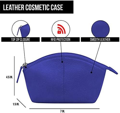 ili New York Genuine Leather Cosmetic Pouch - RFID Blocking Leather Travel Organizer Bag with Top Zip Closure and Interior Zip Pocket, Compact Lightweight Make Up Bags, Cobalt