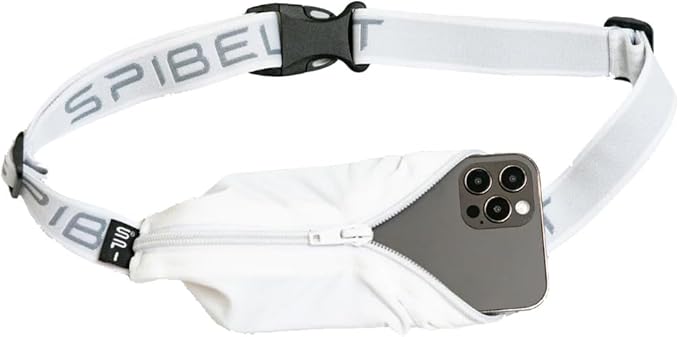 SPIbelt Running Belt for Women Men, Phone Holder for Running, Running Fanny Pack, Holder for Phone, Running Waist Pack, Adjustable Waist, [Fits All Phones]. White with White Zipper