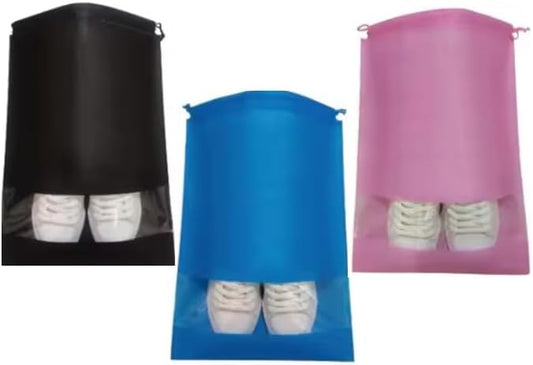 Shoe Bags for Travel, Packing, Storage, Organizing & Suitcase (12 Pack). Reusable Dustproof & Water Resistant Sneakers Pouch Protectors with Clear Window & Drawstrings. (Pink, Azure Blue, Black)
