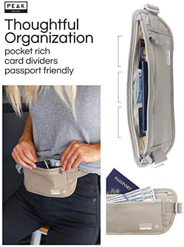 Peak Gear Travel Money Belt. Premium Quality Travel Wallet with RFID Blocking Fabric to Protect Credit Cards, Passports and Documents. Exclusive Theft Protection and 2 Recovery Tags | Beige
