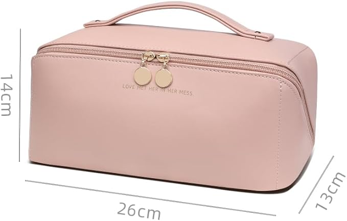 Travel Makeup Bag, Large Capacity Cosmetic Organizer Bags for Women, Waterproof PU Leather Toiletry Bags, Wide Open Flat Makeup Case with Divider and Handle