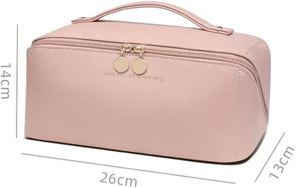 Travel Makeup Bag, Large Capacity Cosmetic Organizer Bags for Women, Waterproof PU Leather Toiletry Bags, Wide Open Flat Makeup Case with Divider and Handle