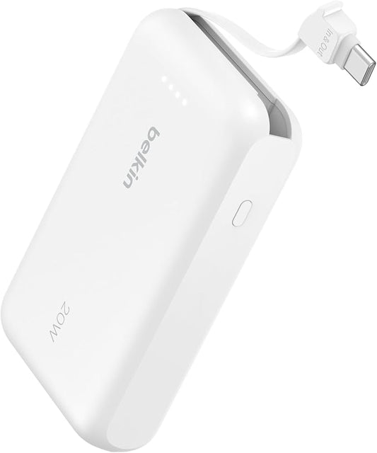 Belkin Portable Charger, Power Bank with Integrated Cable 10000 mAh 20W - Fast Charge USB C Power Delivery - iPhone 17, Air, Pro, Pro Max, iPad, AirPods, Apple Watch, Galaxy S25, & More - White