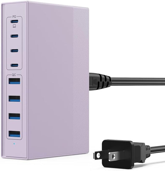 200W USB C Charger Block, 8-in-1 GaN III USB C Charger Fast Charging Station Hub, PD 65W Laptop Charging Adapter for MacBook Pro/Air/Dell XPS/iPhone 16/15/14/iPad/Galaxy S24 (Purple)