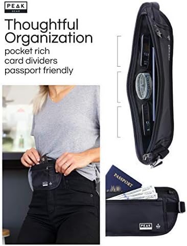 Peak Gear Travel Money Belt. Premium Quality Travel Wallet with RFID Blocking Fabric to Protect Credit Cards, Passports and Documents. Exclusive Theft Protection and 2 Recovery Tags | Black