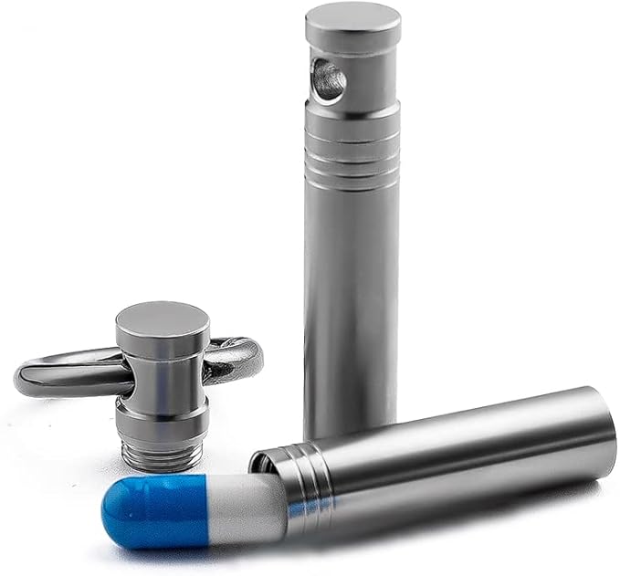 TISUR Small Keychain Pill Holder ，Titanium Metal Travel Pill Case Portable Pill Organizer Container for Purse Waterproof Keychain Pill Holder Medicine Bottle