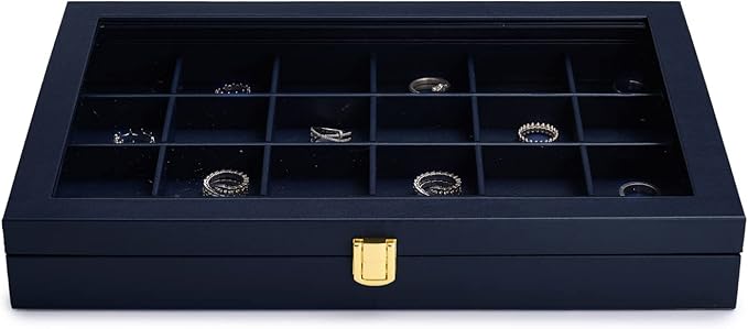 Oirlv Premium Blue Leather 24 Grid Jewelry Tray with Transparent Lid Earrings Rings Organizer Box Stackable Jewelry Box Drawer Inserts Women Gift