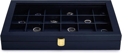 Oirlv Premium Blue Leather 24 Grid Jewelry Tray with Transparent Lid Earrings Rings Organizer Box Stackable Jewelry Box Drawer Inserts Women Gift