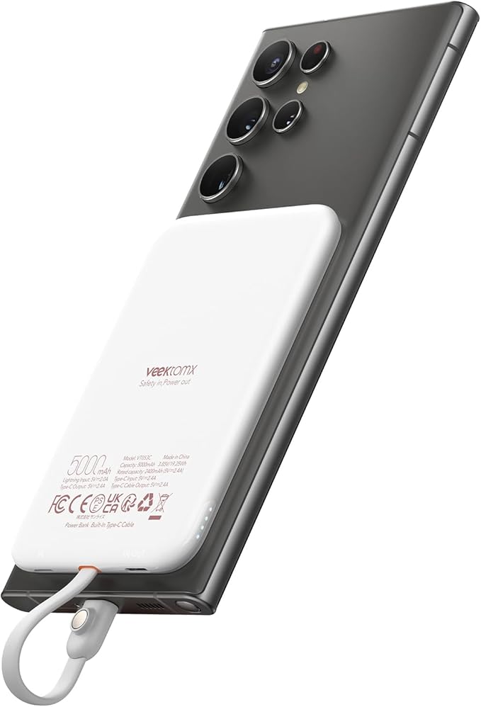 VEEKTOMX Power Bank 5000mAh with Cable Fast Charging, Magnetic Portable Battery Pack for iPhone, White