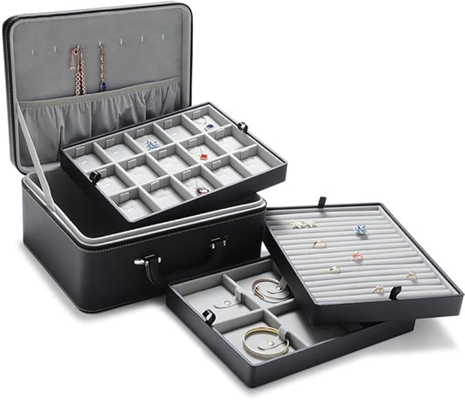 Jewelry Box Carriable Large Commercial Organizer Faux-Leather Accessory Case Storage with Handle Zipper Trays for Women Men Jeweler(L3-BK)