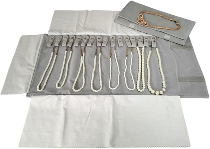 Premium Jewelry Roll Organizer for 16 Necklaces 55cm x 29cm Metal Snap & Velcro Closure - Ideal for Travel and Storage (Grey)