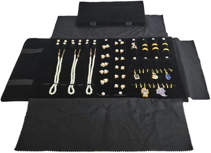 Velvet Travel Jewelry Case Roll Bag Organizer for Necklace Bracelet Earrings Ring (Black) (Black（6+2+4+2)
