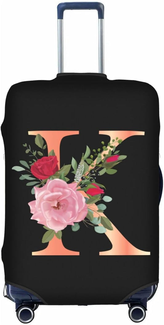 Floral Letter K Travel Luggage Cover Spandex Suitcase Protector Elastic Washable Stretch Suitcase Cover Fits 25-28 Inch Luggage