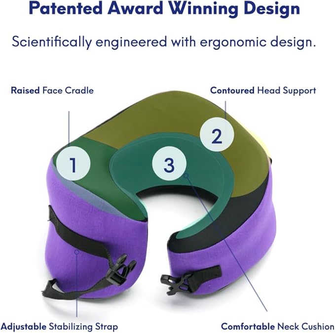 C CUSHION LAB Travel Pillow, Award-Winning Patented Ergonomic Design for Chin & Neck Support Memory Foam Neck Pillow, Compact Airplane Pillow for Traveling, Flight, Car (Royal Purple, Large)