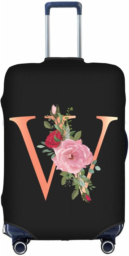 Floral Letter W Travel Luggage Cover Spandex Suitcase Protector Elastic Washable Stretch Suitcase Cover,Size M(Fit 22-24inch Suitcase)