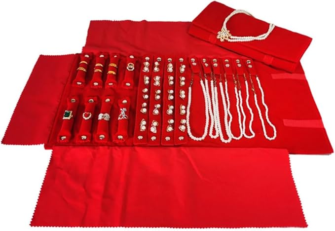 Velvet Travel Jewelry Case Roll Bag Organizer for Necklace Bracelet Earrings Ring (Black) (Red)